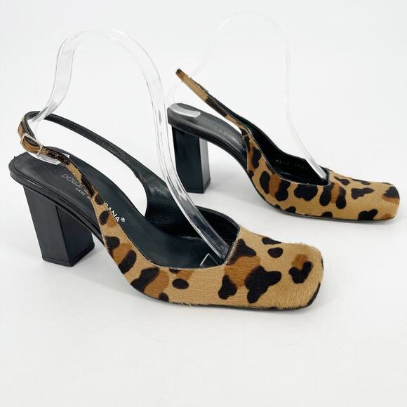 Dolce & Gabbana Leopard Print Calf Hair Square Toe Slingback Block Heel IT 38.5 - Picture 1 of 14